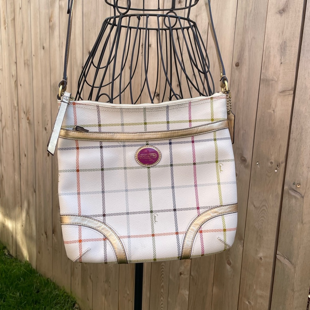 Coach Peyton Tattersall Crossbody Bag Plaid Purse White Gold Leather